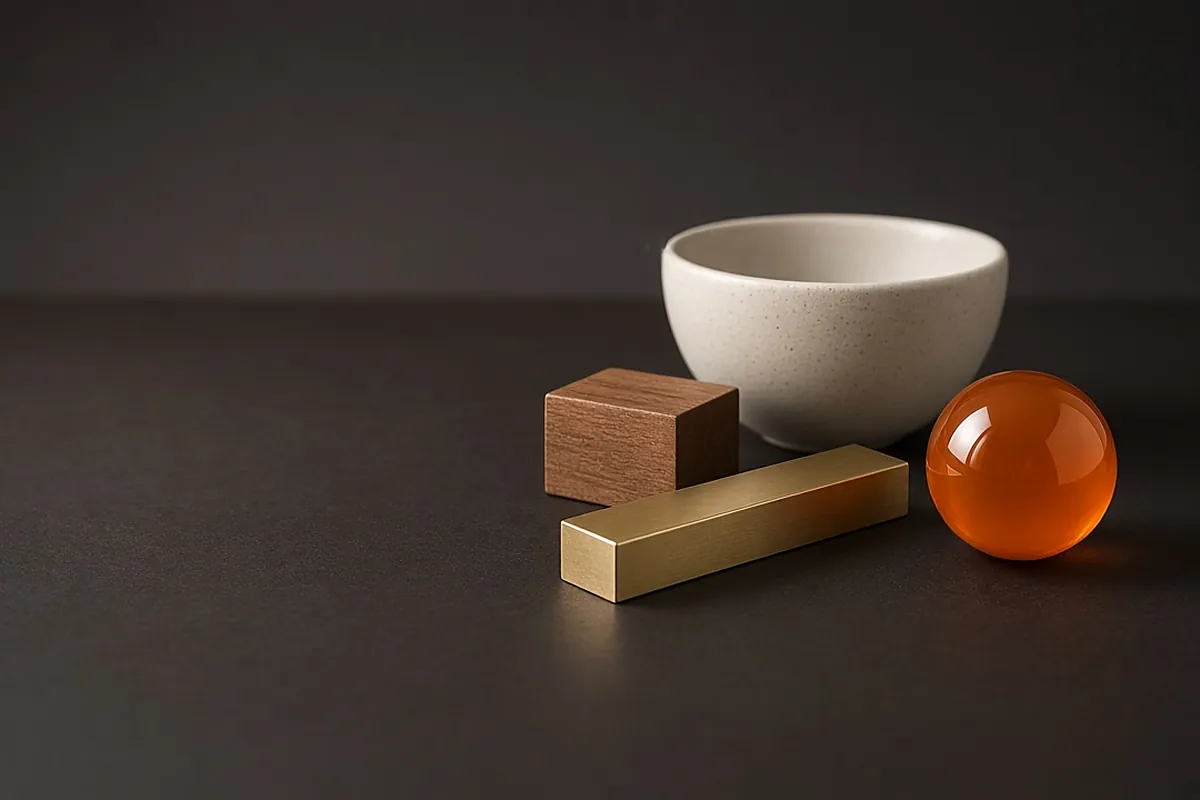 Still life of a ceramic bowl, wooden block, brass bar and orange glass sphere on a dark table